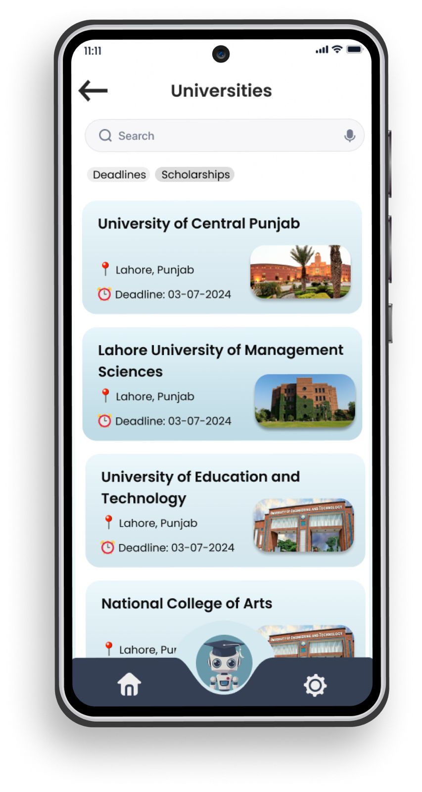University discovery screen with filters